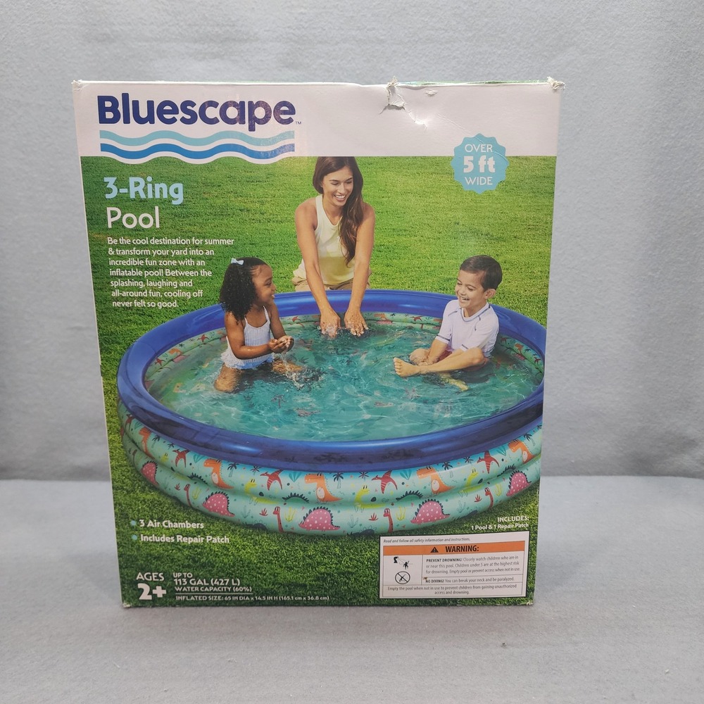 Bluescape 3-Ring Inflatable Pool Blue Dinosaur Print 65in Wide Kids Ages‎ 2+ NEW